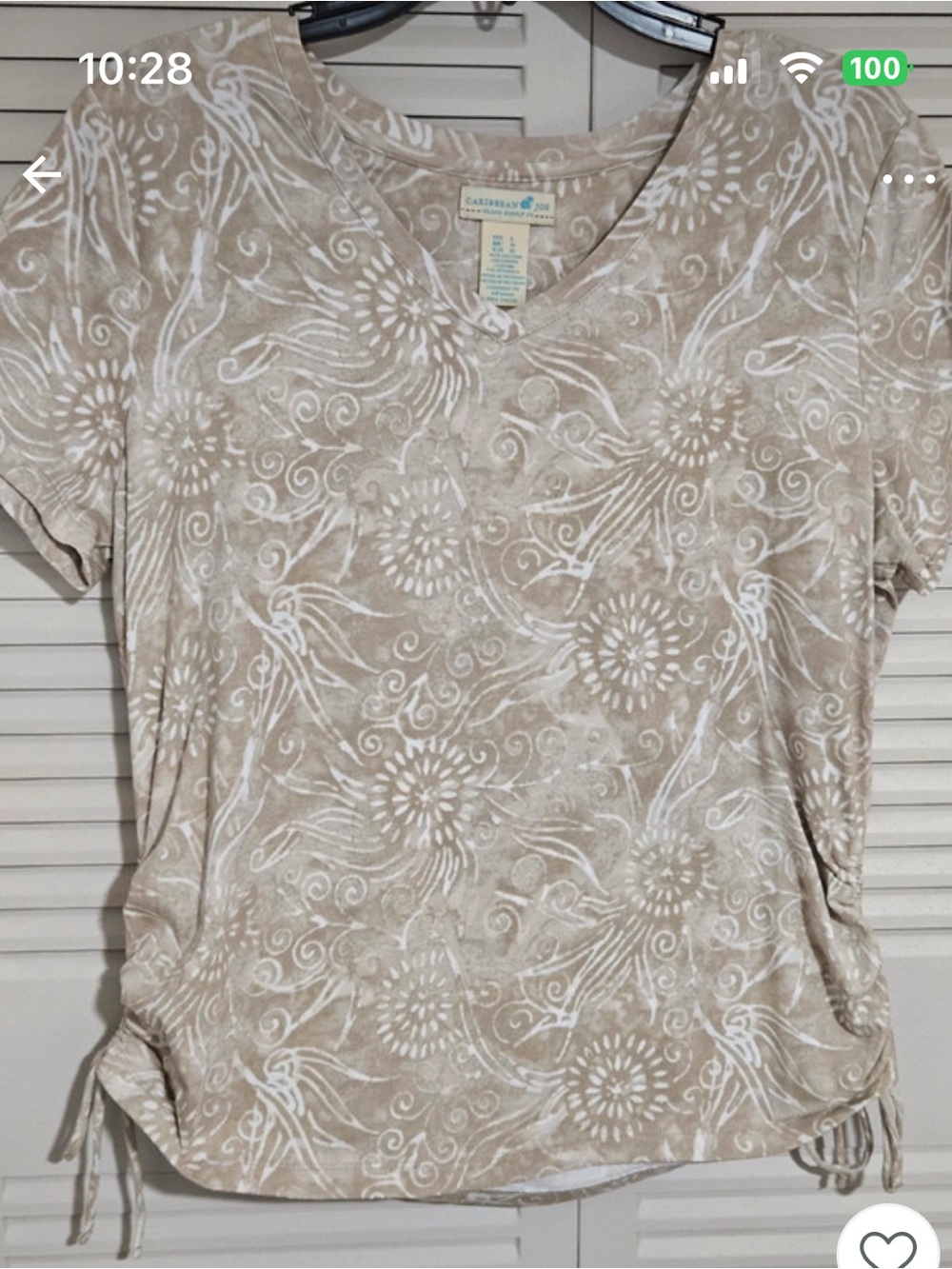 Caribbean Joe V-Neck Ruched Side Women's Top - Beige Floral